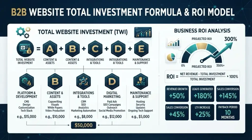 b2b website total investment formula and roi model infographic showing twi cost breakdown and business roi analysis metrics
