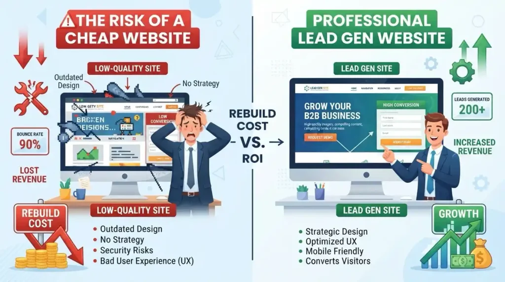 comparison infographic risk of cheap low-quality website versus professional b2b lead generation website with conversion and revenue growth
